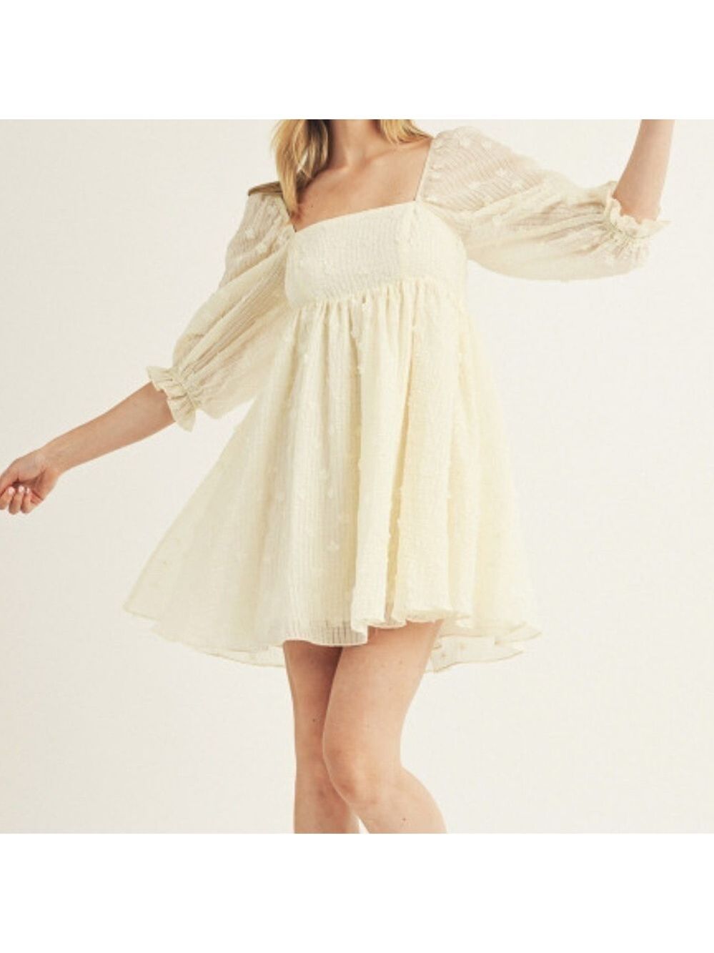 STORIA Baby Breath Baby Doll Cream Floral Appliqué Puff Sleeves Mini Dress NWT M - Picture 4 of 10